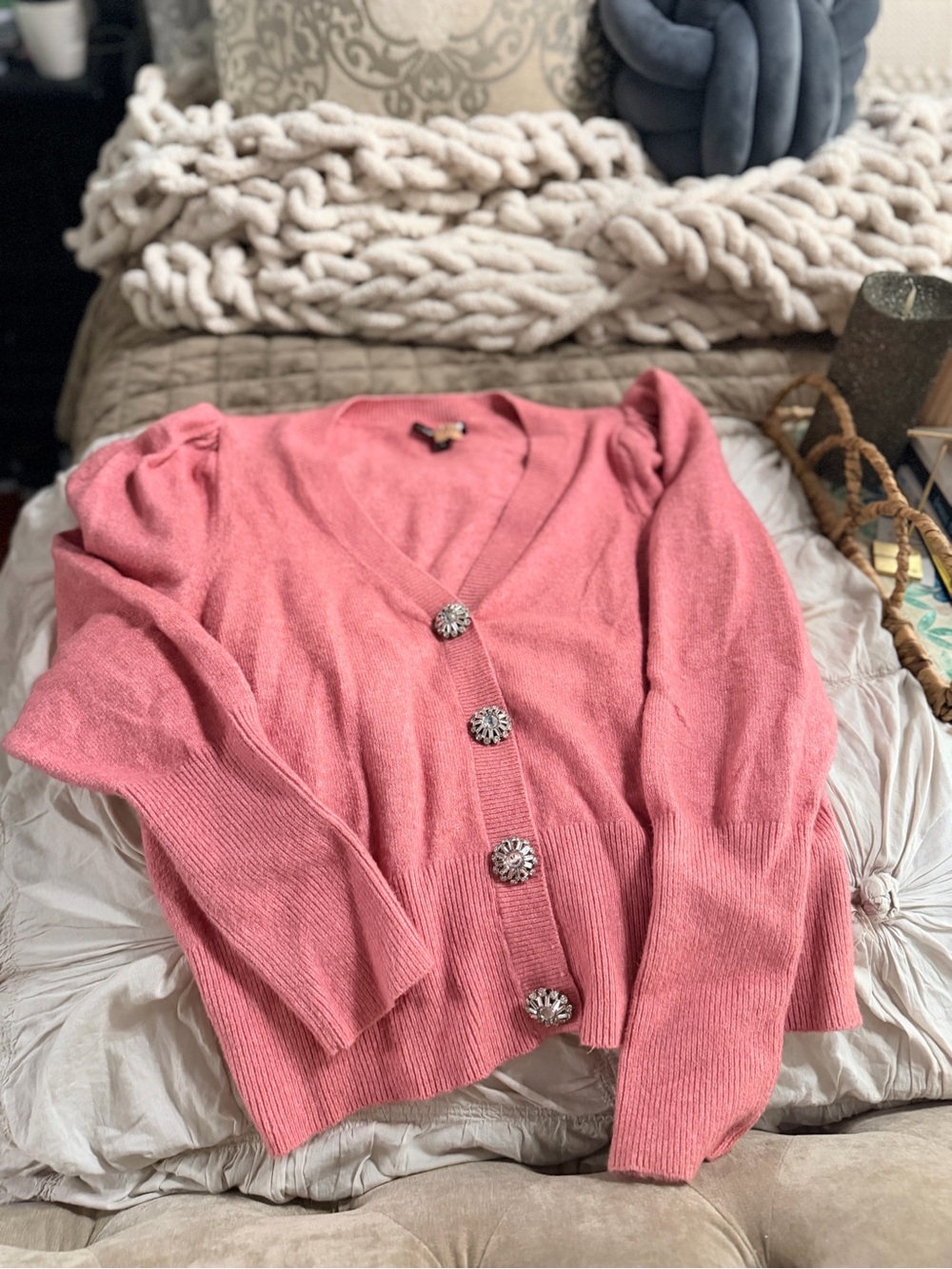 Express Coral Pink V‑Neck Button Cardigan with Decorative Buttons